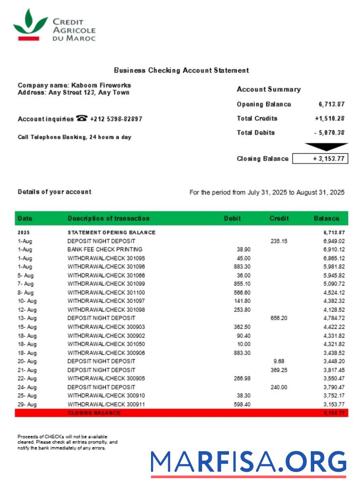 Blank Morocco Crédit Agricole enterprise statement Word and PDF format (1) template